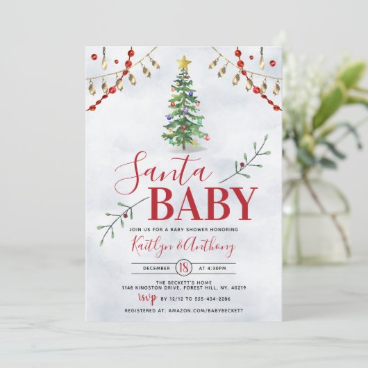 "Santa Baby" Waterverf kerstboom Baby shower Kaart (Staand voorkant)