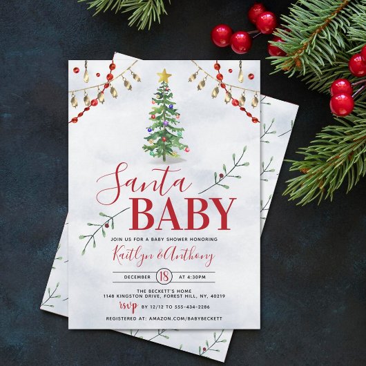 "Santa Baby" Waterverf kerstboom Baby shower Kaart