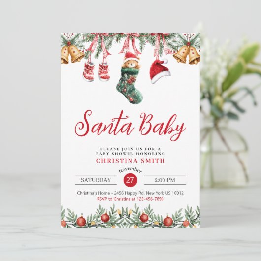 Santa Baby Waterverf Rode Kerst Baby shower Kaart (Staand voorkant)