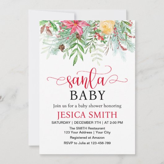Santa Baby Winter Greenery Baby shower Kaart (Voorkant)