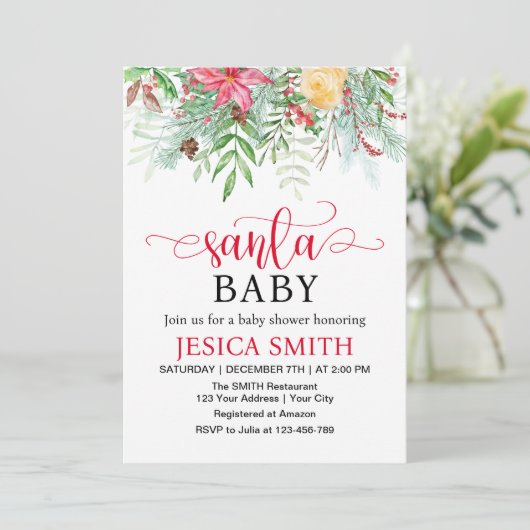 Santa Baby Winter Greenery Baby shower Kaart (Staand voorkant)