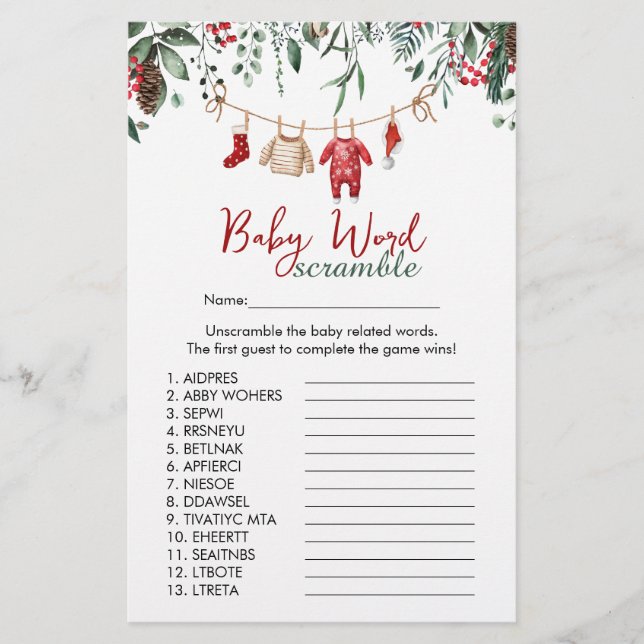 Santa babykleding Word Scramble Game Baby shower (Voorkant)