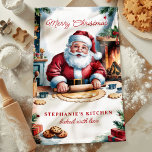 Santa Baking Cookies Gepersonaliseerde Vrolijk Ker Theedoek<br><div class="desc">Voeg een feestelijk tintje toe aan uw keuken met deze charmante gepersonaliseerde kerstkeukenhanddoek. Dit nostalgische ontwerp, met kerstkoekjes bij een gezellige open haard, vangt de warmte van de feestdagen. Perfect voor vakantie bakken of als een doordacht geschenk, pas het aan met jouw naam om een unieke souvenir voor het seizoen...</div>