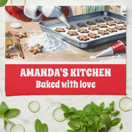 Santa Baking Gingerbread Cookies Aangepaste Kerstm Theedoek (Gevouwen)