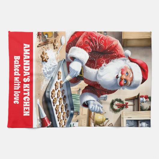 Santa Baking Gingerbread Cookies Aangepaste Kerstm Theedoek (Horizontaal)
