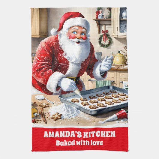 Santa Baking Gingerbread Cookies Aangepaste Kerstm Theedoek (Verticaal)
