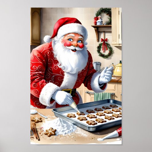 Santa Baking Gingerbread Cookies Keuken Muur Kunst Poster (Voorkant)