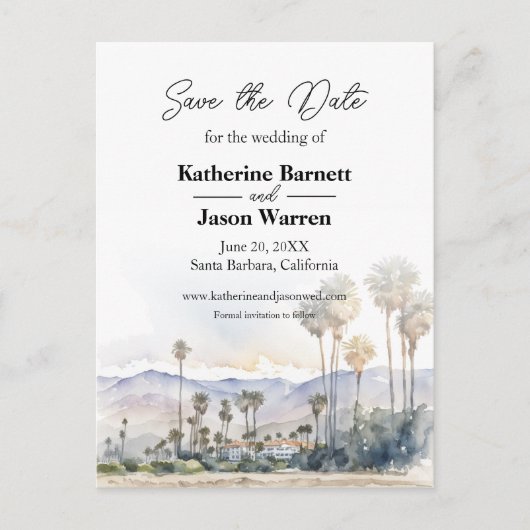 Santa Barbara Beach Waterverf Save the Date Briefkaart (Voorkant)