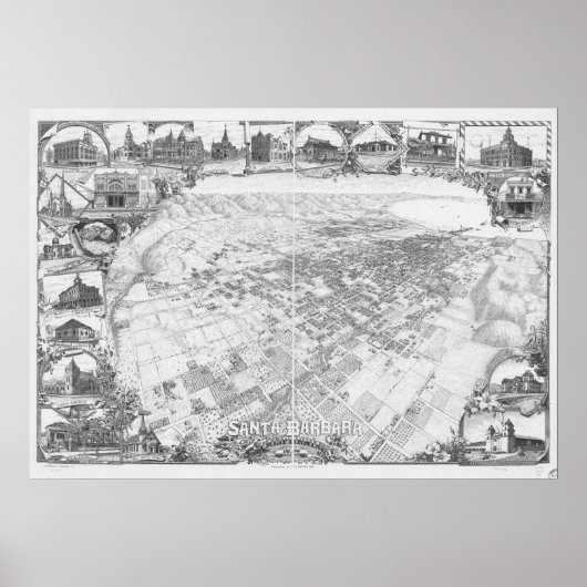 Santa Barbara California 1898 Panoramic Map Poster (Voorkant)