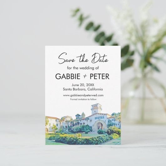 Santa Barbara Courthouse Waterverf Save the Date Briefkaart (Staand voorkant)