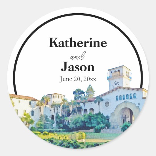 Santa Barbara Courthouse Waterverf Wedding Ronde Sticker (Voorkant)
