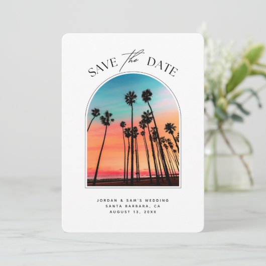 Santa Barbara Wedding Sunset Foto Save the Date Kaart (Staand voorkant)