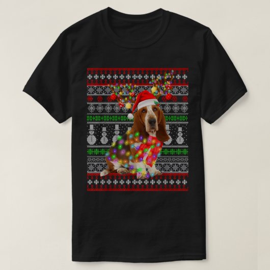 Santa Basset Hound Dog-kerstlampjes lustig T-shirt (Design voorkant)
