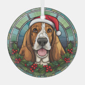 Santa Basset Hound Dog Kerstmis Gevlekt Glas Ornament (Voorkant)