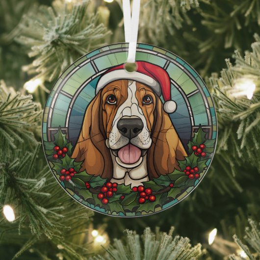 Santa Basset Hound Dog Kerstmis Gevlekt Glas Ornament (Insitu)