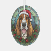 Santa Basset Hound Dog Kerstmis Gevlekt Glas Ornament (Voorkant links)