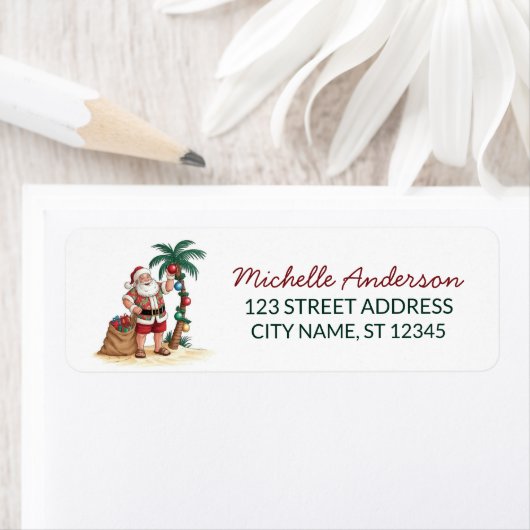 Santa Beach tropical Hawaiian Palm Return Address Etiket (Insitu)