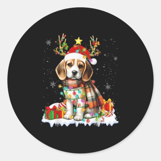 Santa Beagle Christmas Lights Funny Reindeer Dog X Ronde Sticker (Voorkant)