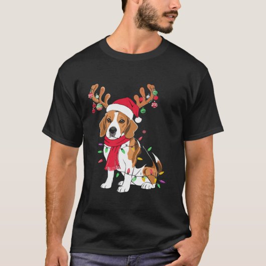Santa Beagle Kerstverlichting Xmas Hondenliefhebbe T-shirt (Voorkant)