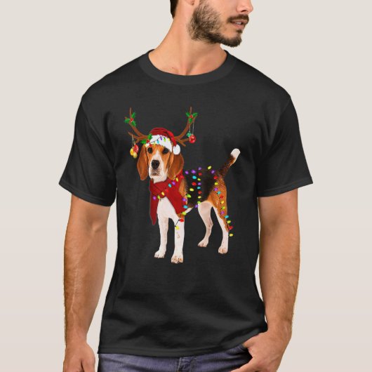 Santa Beagle Reindeer Light Kerstmis 2 T-shirt (Voorkant)