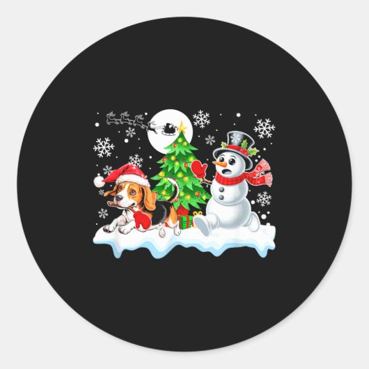 Santa Beagle Snowman Running Friends Christmas Own Ronde Sticker (Voorkant)