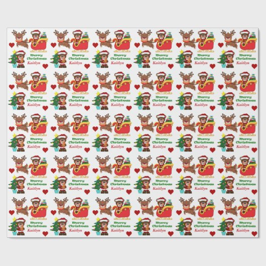 Santa Beer Sleigh Persoonlijk Kinder Cadeaupapier (Vlak)