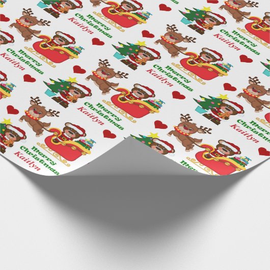 Santa Beer Sleigh Persoonlijk Kinder Cadeaupapier (Hoek)