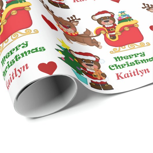 Santa Beer Sleigh Persoonlijk Kinder Cadeaupapier (Rol Hoek)