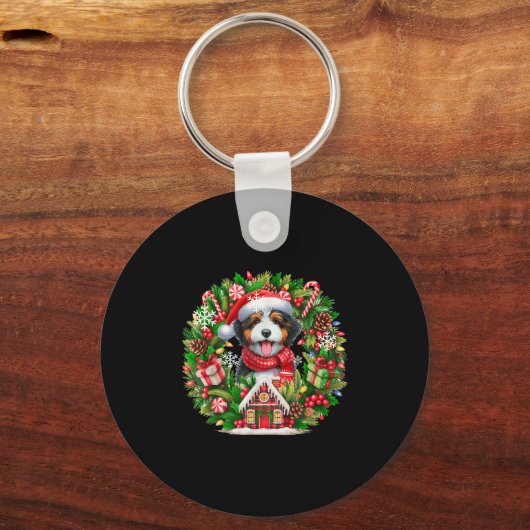 Santa Bernedoodle Kerstmis Bloemen Cirkel Eigenaar Sleutelhanger (Voorkant)