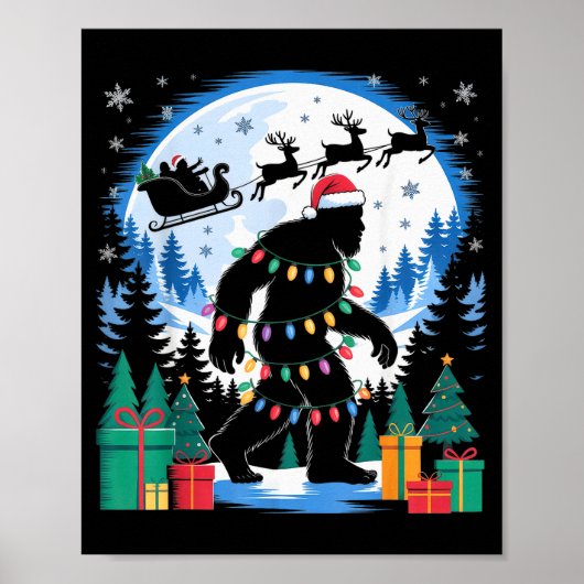Santa Bigfoot Christmas Lights Funny Sasquatch Bel Poster (Voorkant)