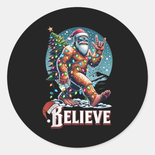 Santa Bigfoot Christmas Lights Funny Sasquatch Bel Ronde Sticker (Voorkant)