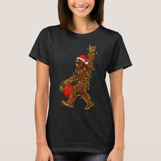 Santa Bigfoot Christmas Lights Funny Sasquatch Bel T-shirt (Voorkant)