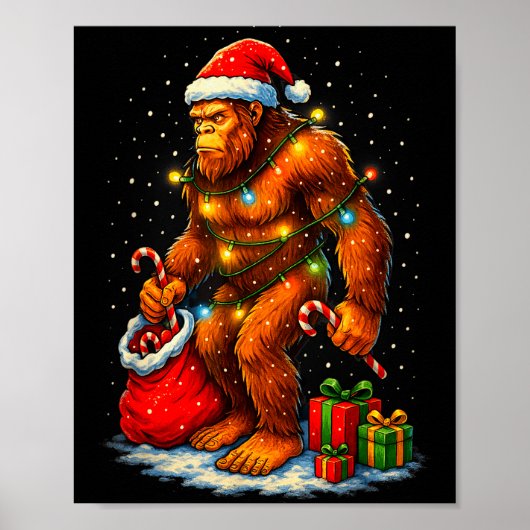 Santa Bigfoot Christmas Lights Funny Sasquatch Poster (Voorkant)