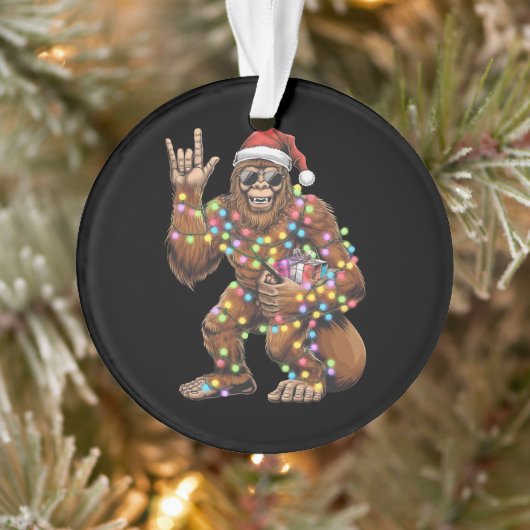 Santa Bigfoot Christmas Lights Rock Funny Ornament (Boom)