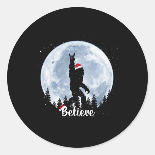 Santa Bigfoot Christmas Rock Roll Sasquatch Believ Ronde Sticker (Voorkant)