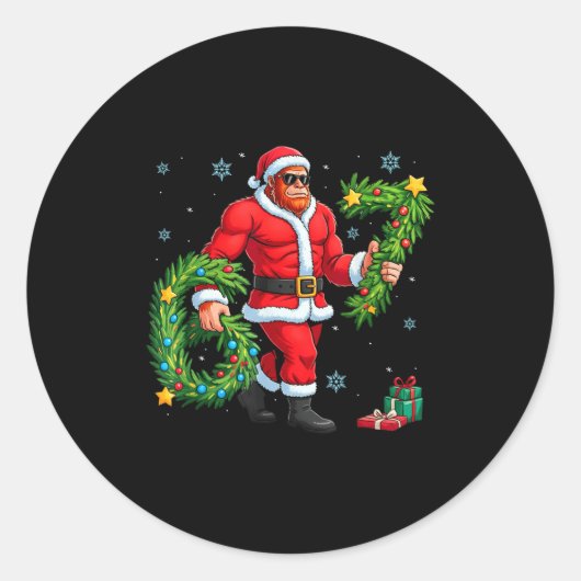 Santa Bigfoot Christmas Tree Sasquatch 67 Six Seve Ronde Sticker (Voorkant)