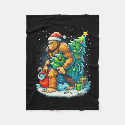 Santa Bigfoot Christmas Tree Sasquatch Xmas Lights Fleece Deken (Voorkant)