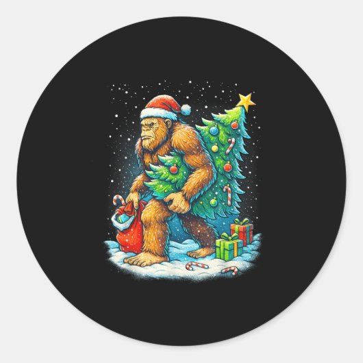 Santa Bigfoot Christmas Tree Sasquatch Xmas Lights Ronde Sticker (Voorkant)