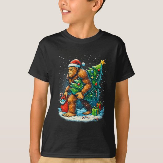 Santa Bigfoot Christmas Tree Sasquatch Xmas Lights T-shirt (Voorkant)
