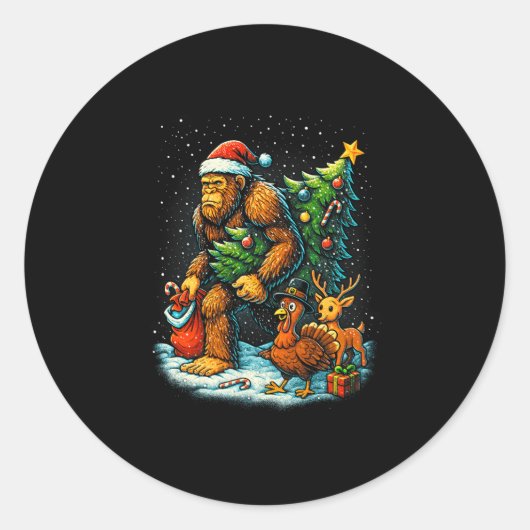 Santa Bigfoot Christmas Tree Turkey Reindeer Thank Ronde Sticker (Voorkant)