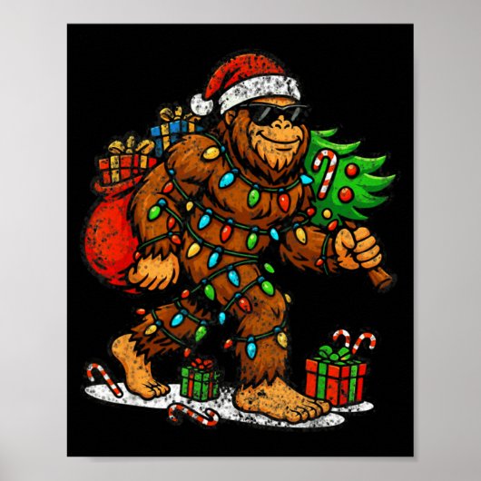 Santa Bigfoot Christmas Tree Xmas Lights Funny Sas Poster (Voorkant)