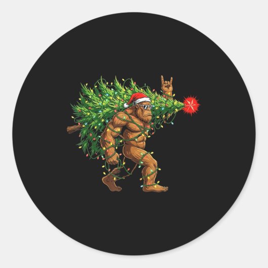 Santa Bigfoot Christmas Tree Xmas Lights Funny Sas Ronde Sticker (Voorkant)