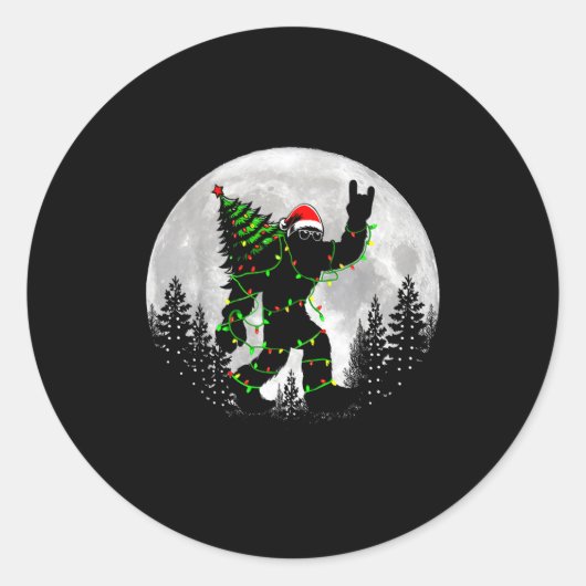 Santa Bigfoot Christmas Tree Xmas Lights Funny Sas Ronde Sticker (Voorkant)