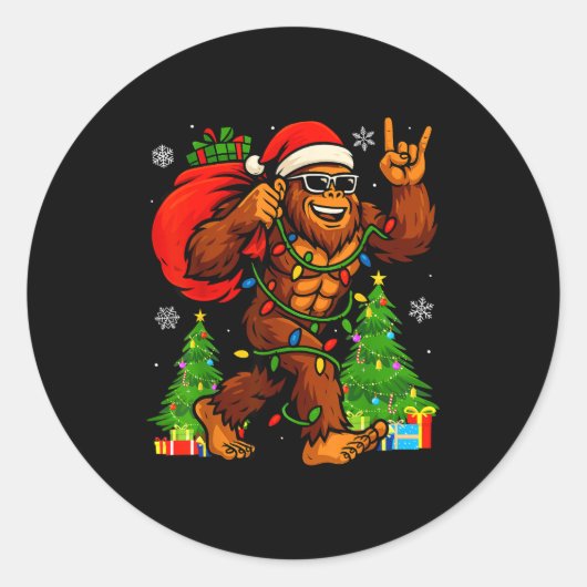 Santa Bigfoot Christmas Tree Xmas Lights Funny Sas Ronde Sticker (Voorkant)