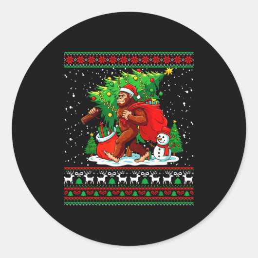 Santa Bigfoot Christmas Tree Xmas Lights Funny Sas Ronde Sticker (Voorkant)