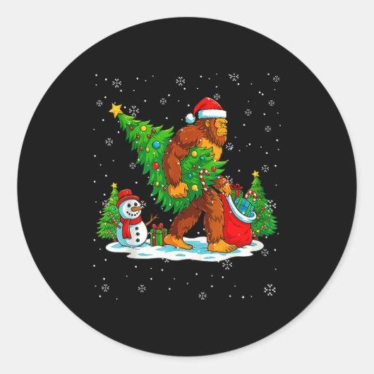 Santa Bigfoot Christmas Tree Xmas Lights Funny Sas Ronde Sticker (Voorkant)
