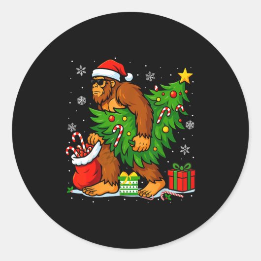 Santa Bigfoot Christmas Tree Xmas Lights Funny Sas Ronde Sticker (Voorkant)