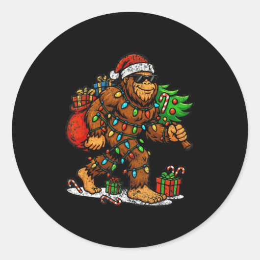 Santa Bigfoot Christmas Tree Xmas Lights Funny Sas Ronde Sticker (Voorkant)