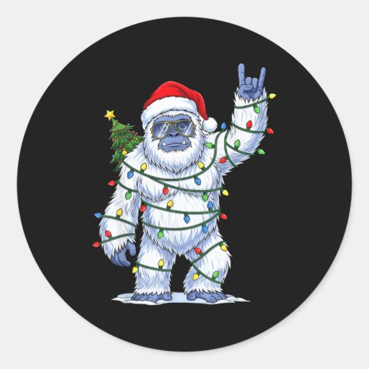 Santa Bigfoot Christmas Tree Xmas Lights Funny Sas Ronde Sticker (Voorkant)