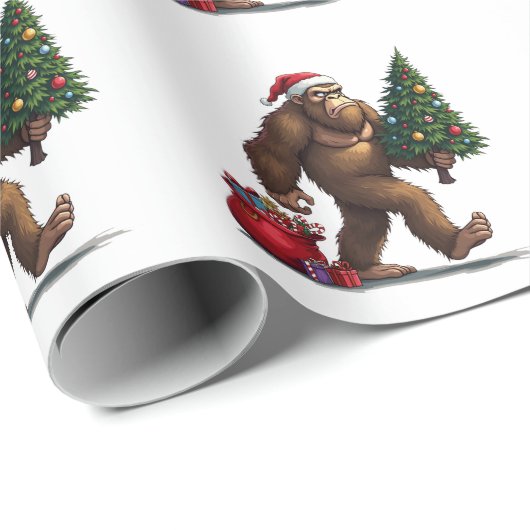 Santa Bigfoot Kerstboom kerstverlichting Cadeaupapier (Rol Hoek)